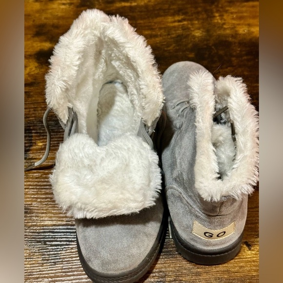 Women's Cotton Grey Warm Sherpa Fur Snow Winter Lace Up Ankle Boots - Picture 6 of 6